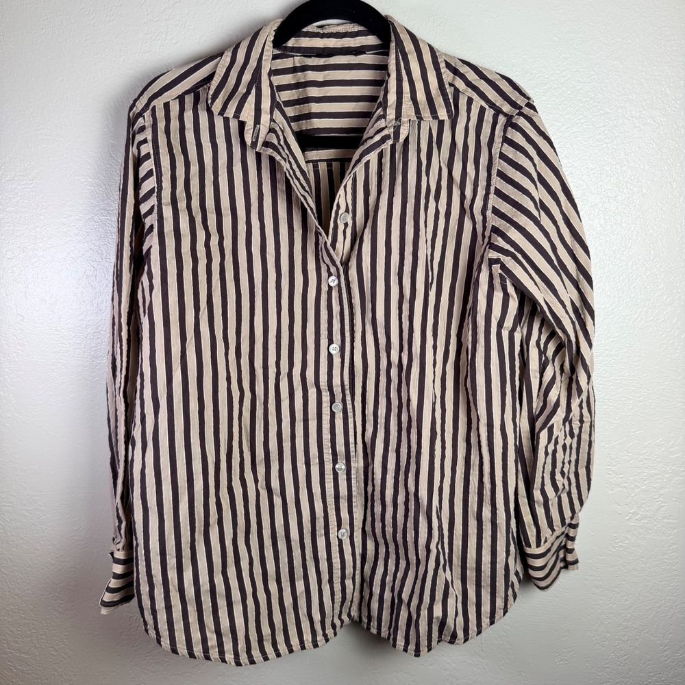 Zara Womens M Brown Striped Button Down Shirt Cotton Blend Dark Academia Fall